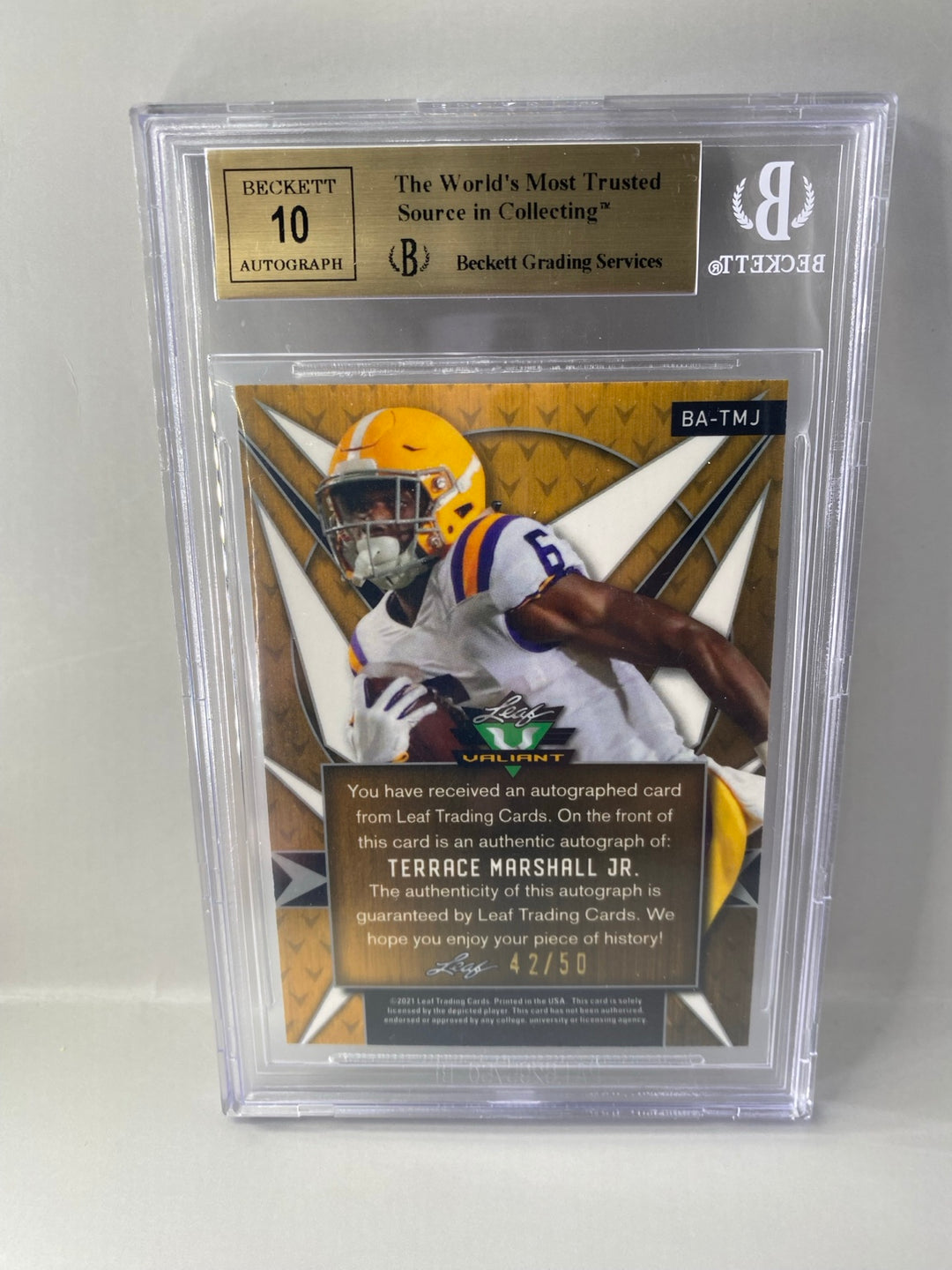 2021 Leaf Valiant Terrace Marshall Jr BA-TMJ Orange Rookie Auto 42/50 BGS 9.5 Auto 10 back
