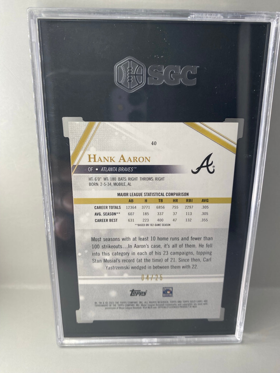 2021 Topps Gold Label Hank Aaron #40 Class 3 Red /25 SGC 9.5 back