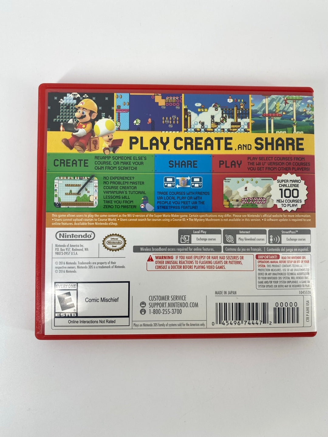 Nintendo 3DS Super Mario Maker North American back cover - actual item photo