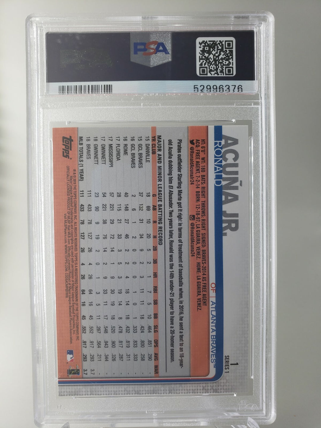 Ronald Acuña Jr. 2019 Topps Series 1 Batting PSA 9 #1 Atlanta Braves Second Year