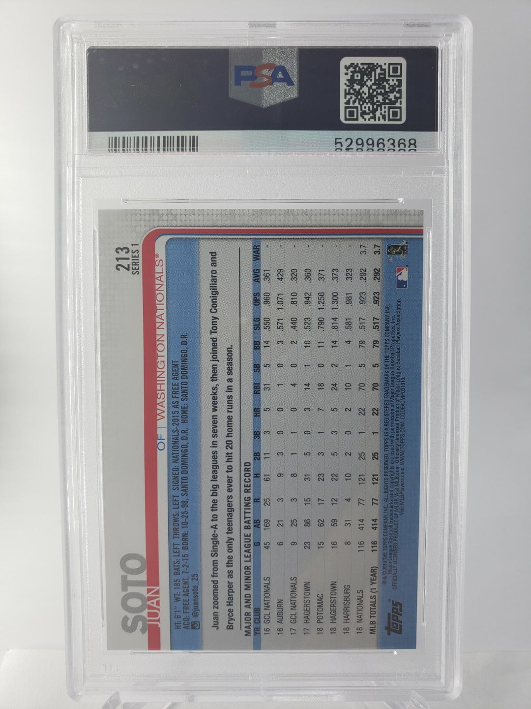 JUAN SOTO 2019 Topps Series 1 #213 All-Star Rookie Cup PSA 9 MINT Nationals