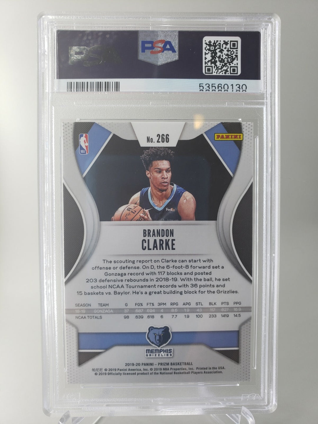 BRANDON CLARKE 2019 PANINI PRIZM #266 ROOKIE CARD PSA 9 MINT Grizzlies