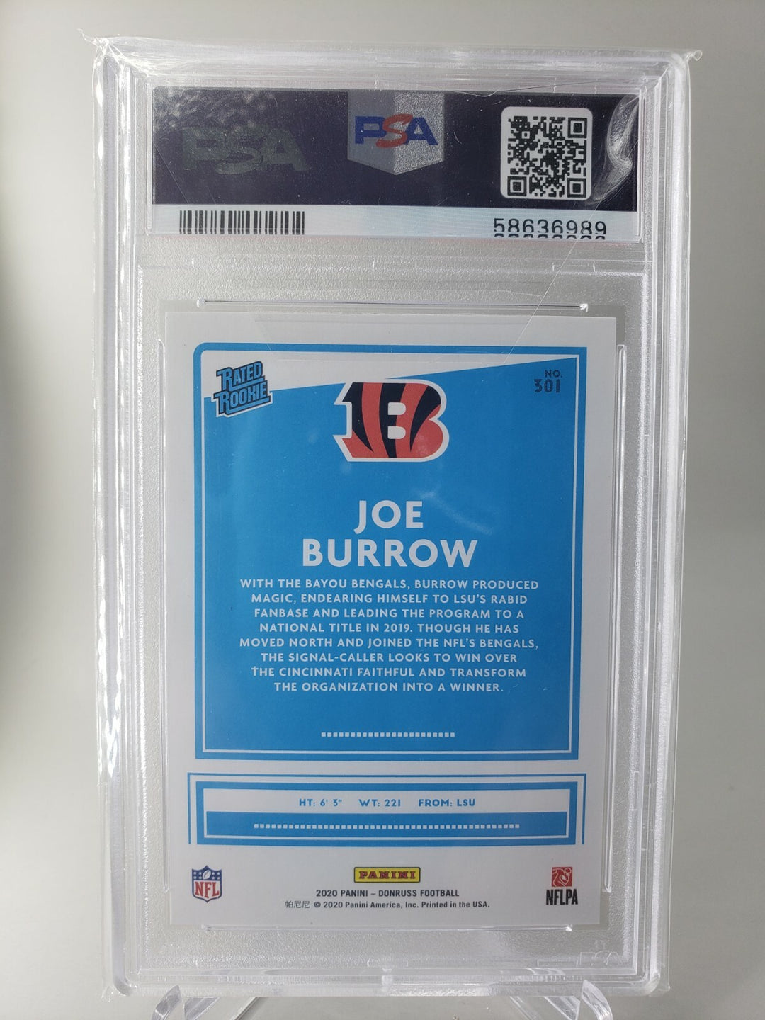 JOE BURROW 2020 PANINI DONRUSS RATED ROOKIE PSA 10 CARD #301 BENGALS RC