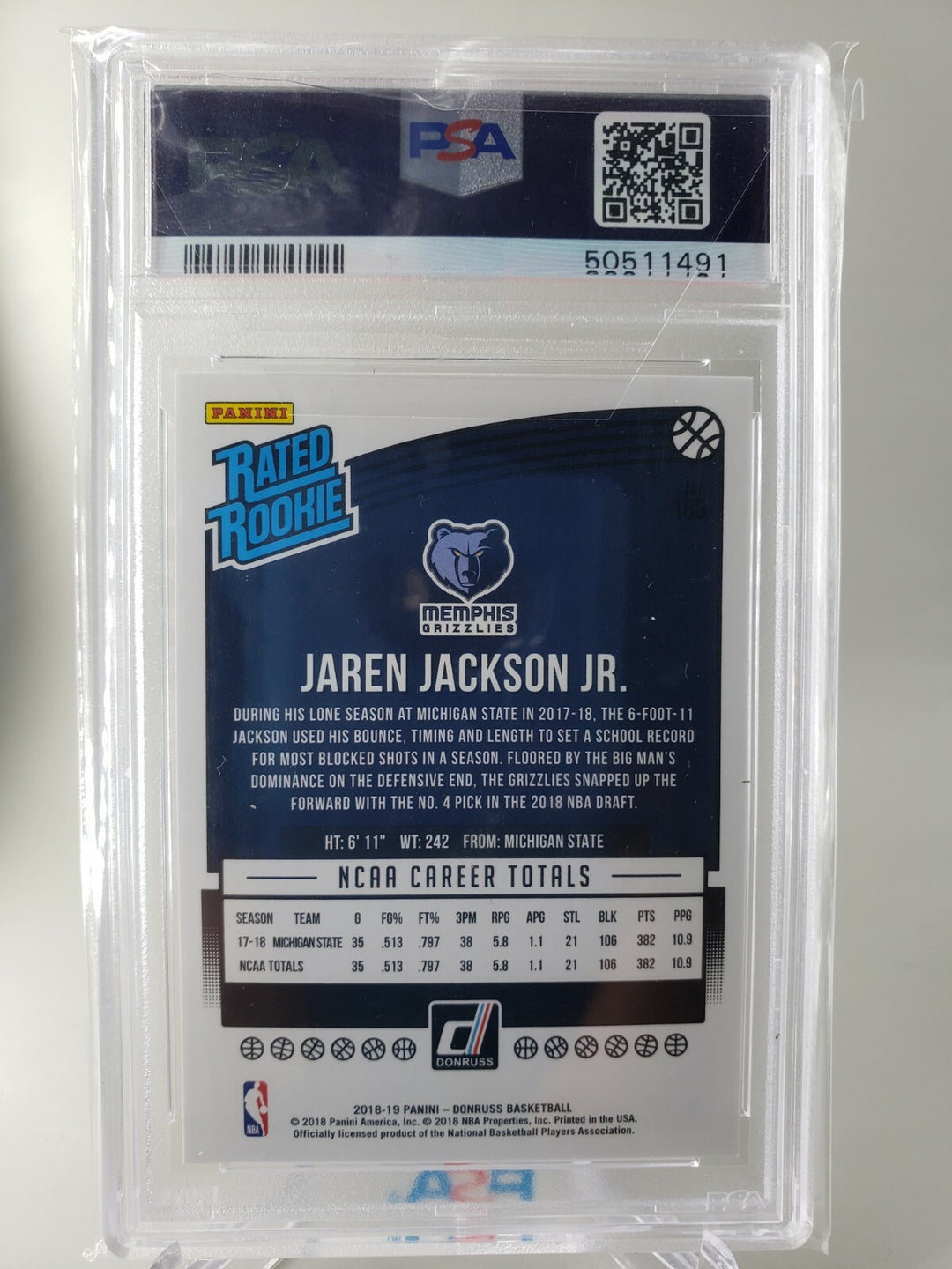 JAREN JACKSON JR. 2018 PANINI DONRUSS #188  Rookie RC GRIZZLIES PSA 9
