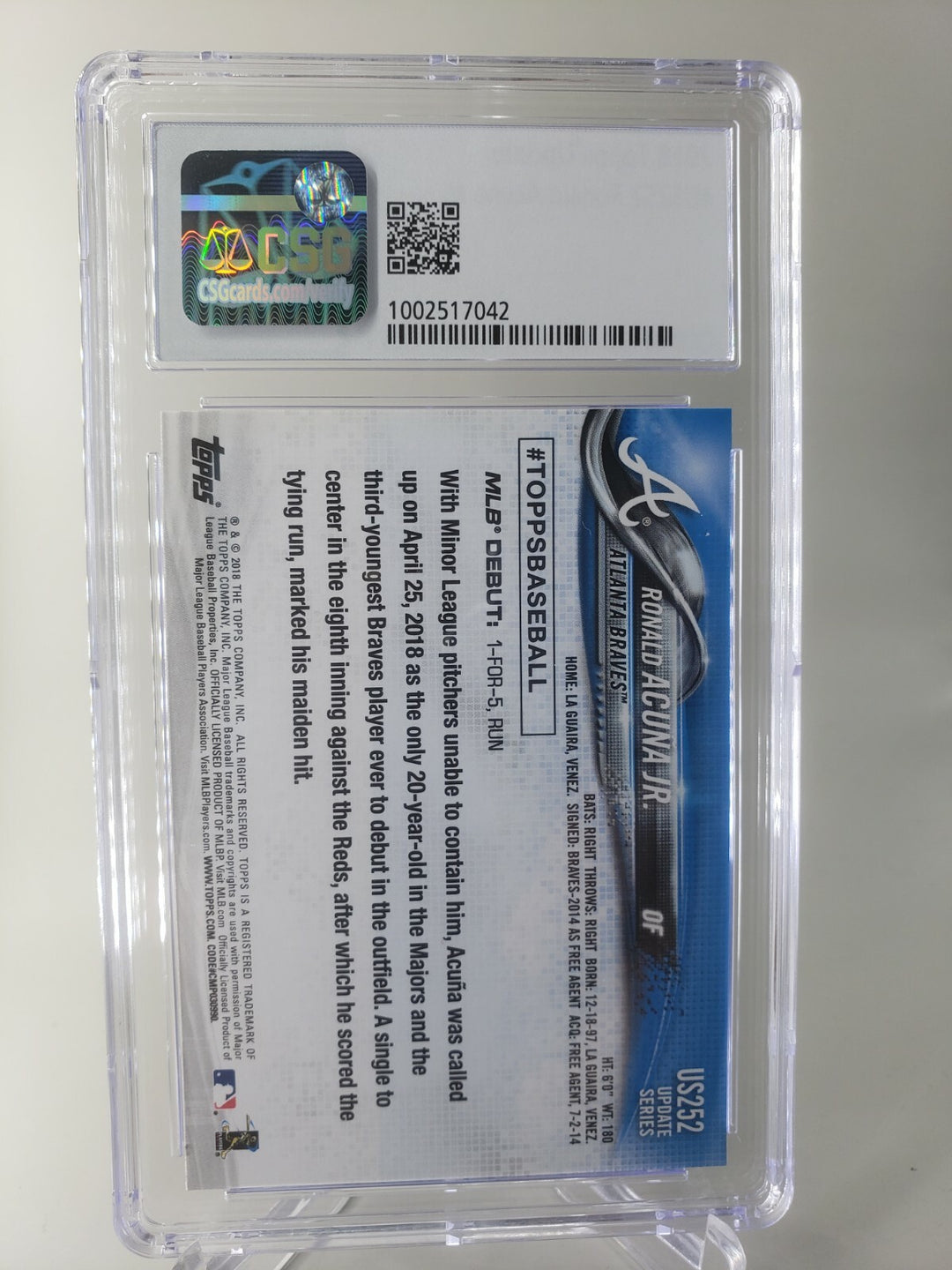 Ronald Acuna Jr. 2018 Topps Update US252 Rookie Debut RC Braves CSG 9.5 GEM MINT