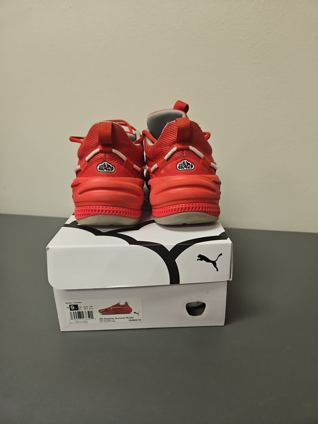 Size 9.5 M: Puma RS Dreamer J Cole Summer Hustle-Blood Sweat Tears-Fiery Red