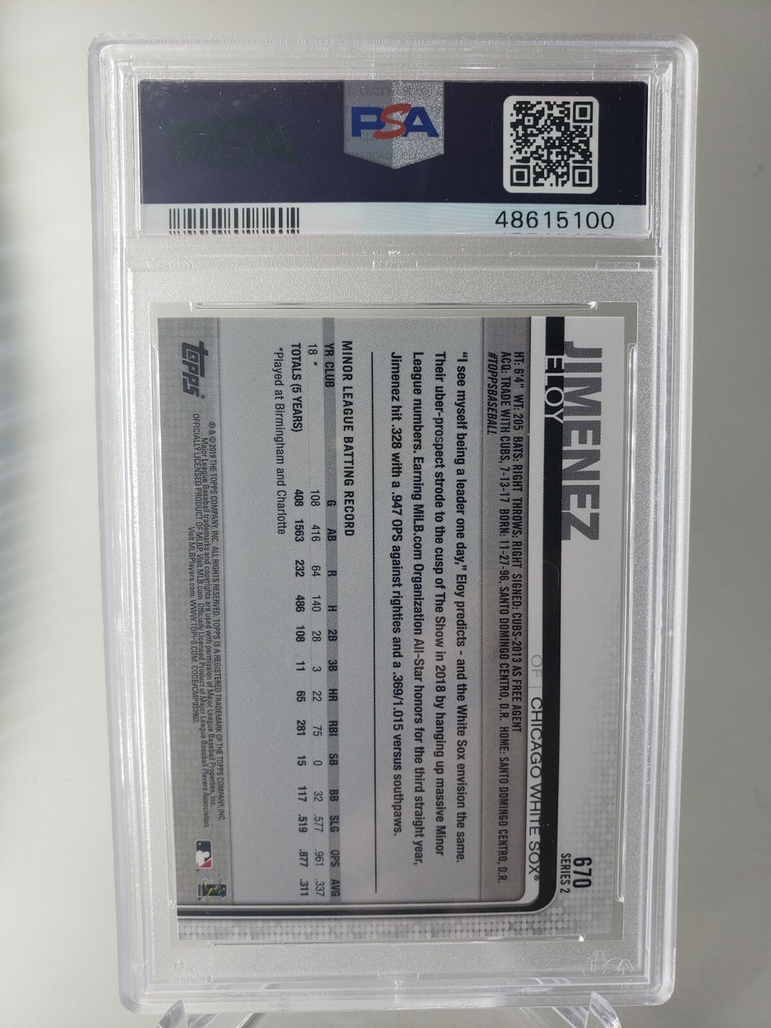  Eloy Jimenez 2019 Topps Series 2 #670 RC PSA Mint 9 Chicago White Sox Rookie