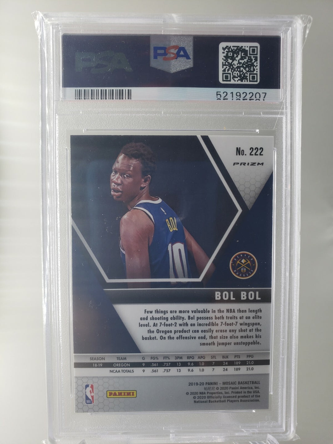 Bol Bol 2019 20 Panini Mosaic #222 RC Rookie Silver Mosaic Prizm PSA 9 Nuggets