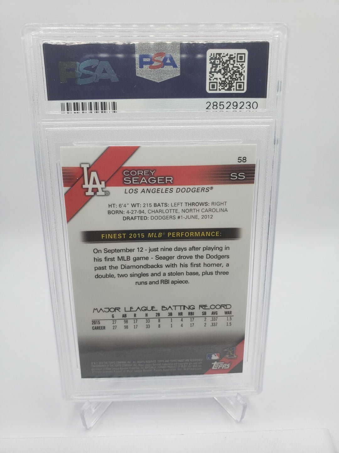 COREY SEAGER DODGERS 2016 TOPPS FINEST ROOKIE CARD #58 GRADED GEM PSA 10