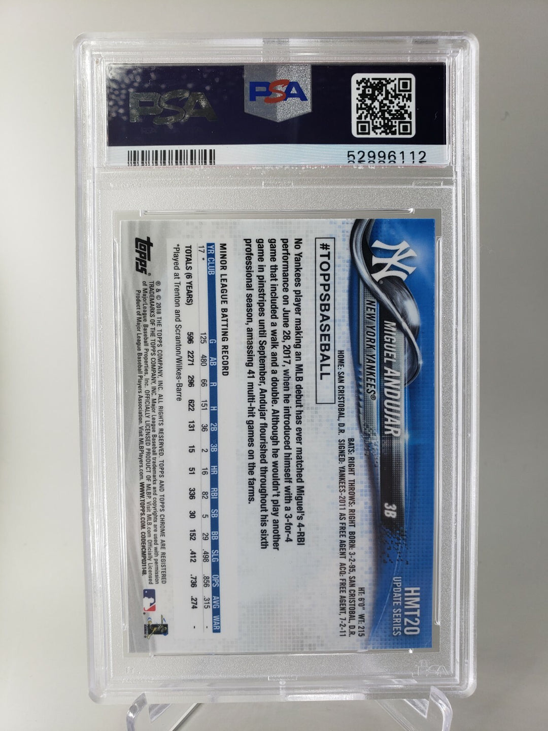 2018 TOPPS CHROME UPDATE MIGUEL ANDUJAR ROOKIE #HMT20 GEM MINT PSA 9 NY Yankees