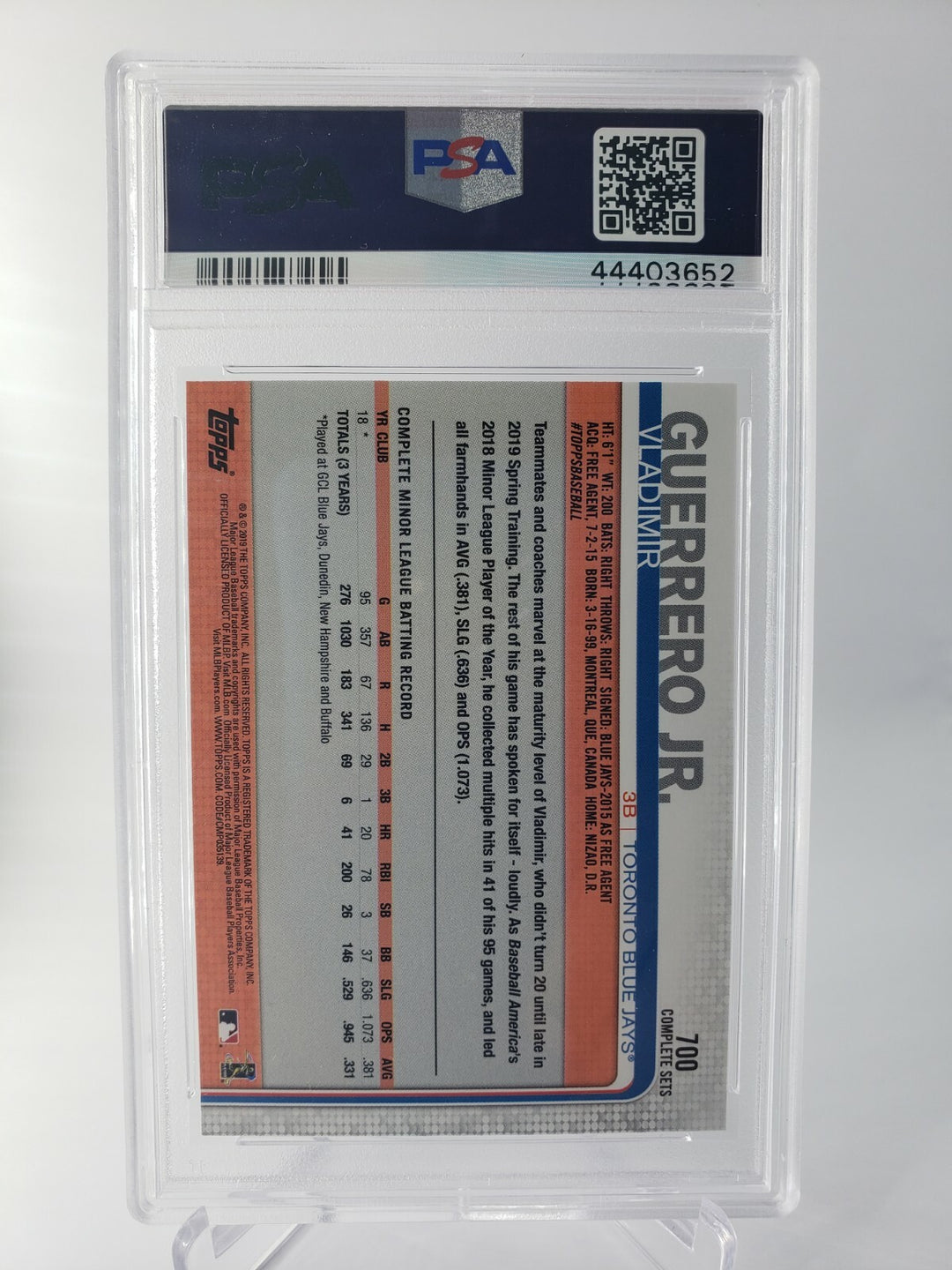 Vladimir Guerrero Jr 2019 Topps Complete  Fielding Rookie Card #700 PSA 10