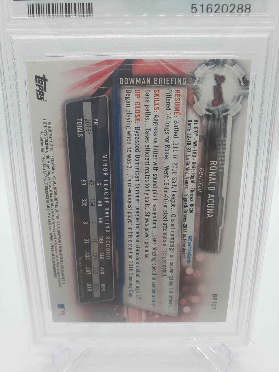 2017 Bowman Prospects Ronald Acuna Jr Rookie RC #BP127 PSA 10 1st Bowman 