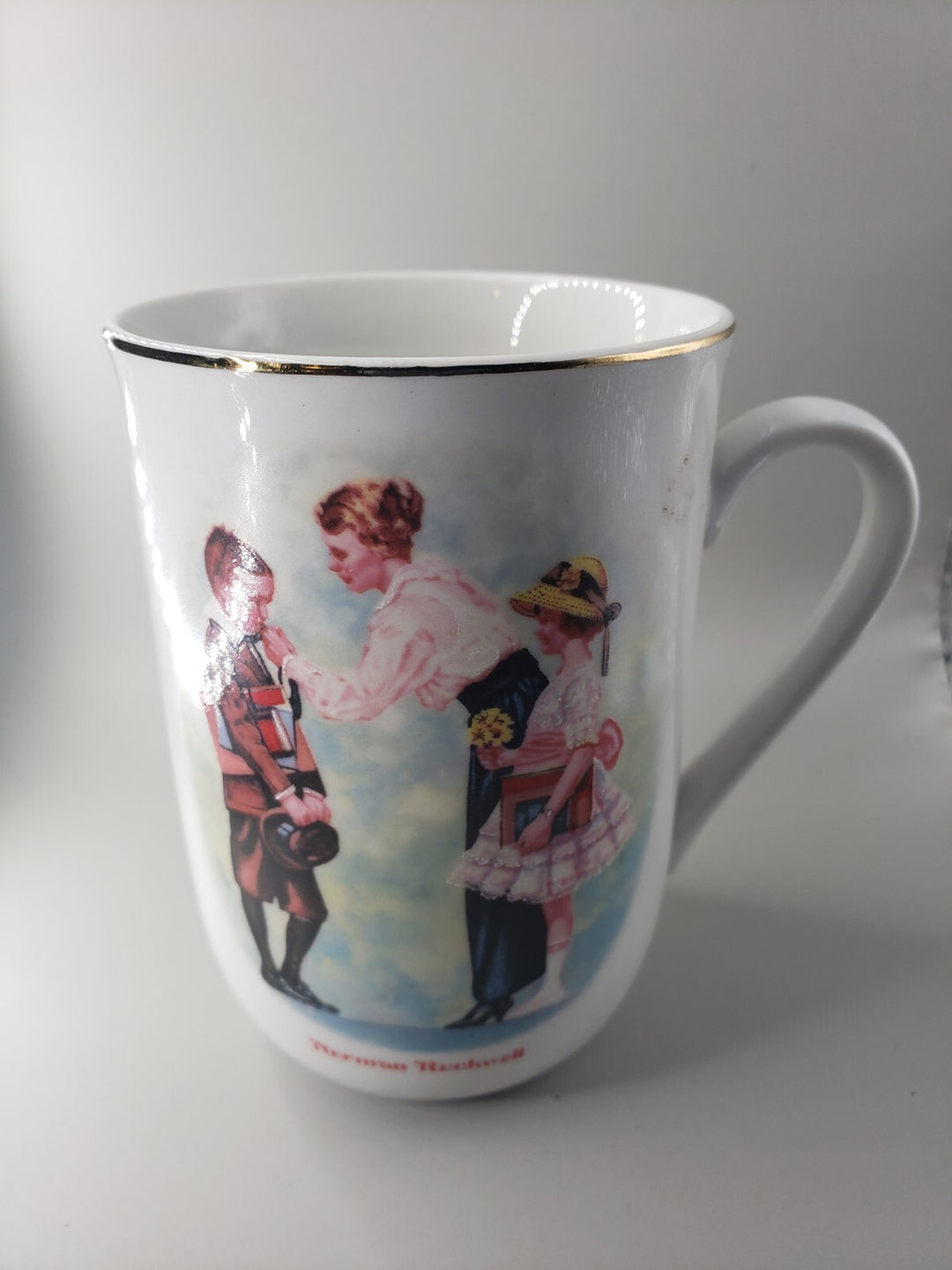 Vintage 1986 Norman Rockwell The First Day of School Coffee Mug Cup Gold Trim