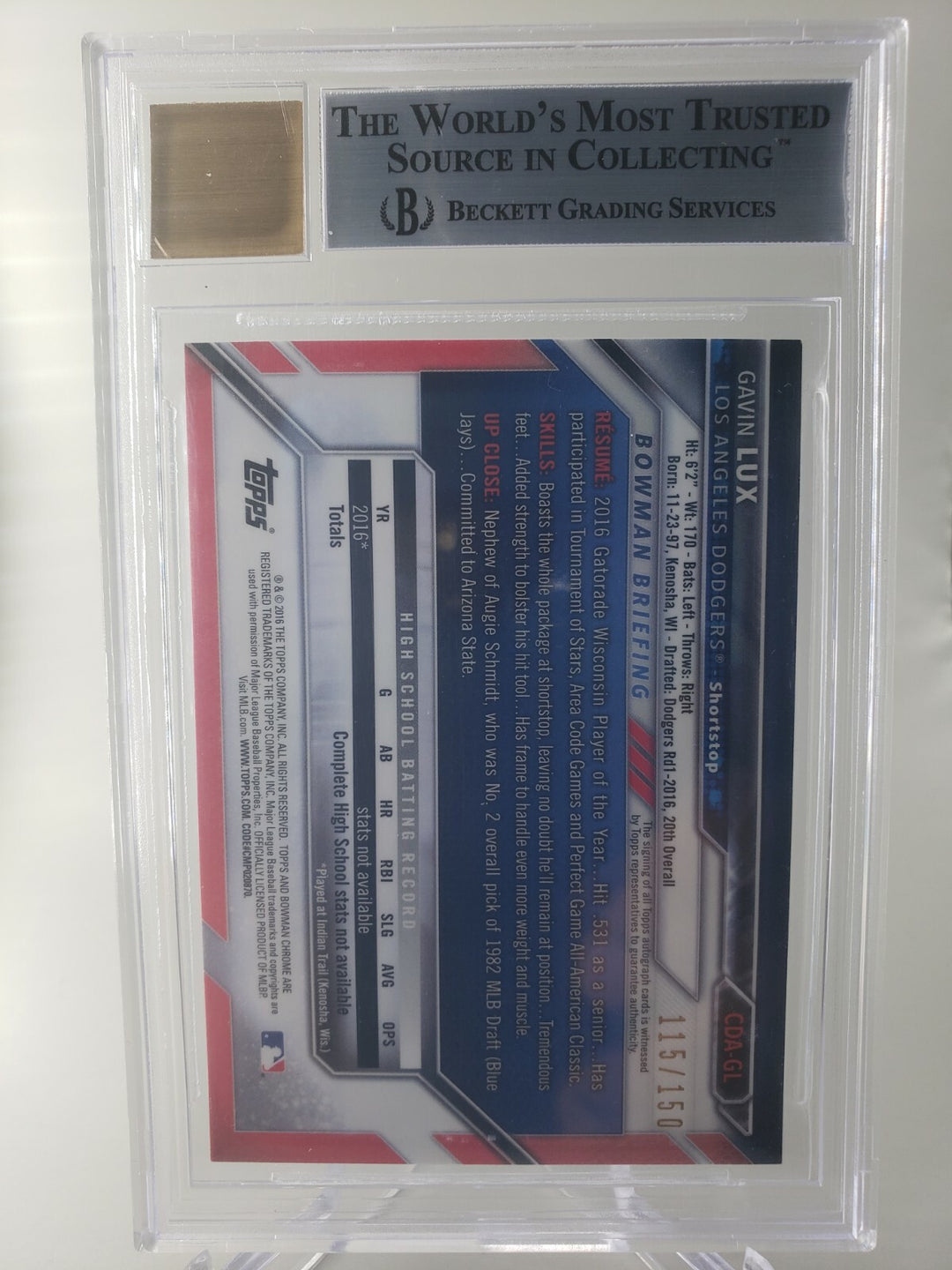 Gavin Lux 2016 Bowman Chrome Draft Blue Refractor /150 #CDAGL Auto 10 BGS 9
