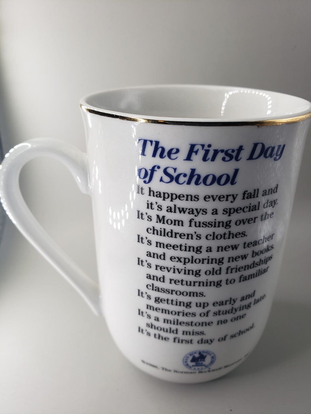 Vintage 1986 Norman Rockwell The First Day of School Coffee Mug Cup Gold Trim