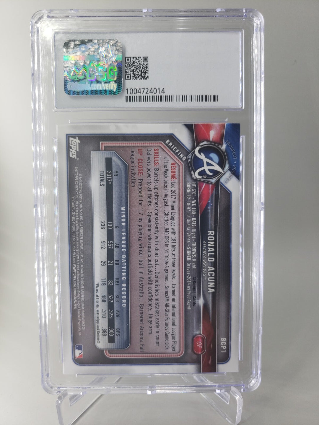 RONALD ACUNA 2018 Bowman Chrome Prospects #BCP1 CSG 8.5 Near Mint Atlanta Braves