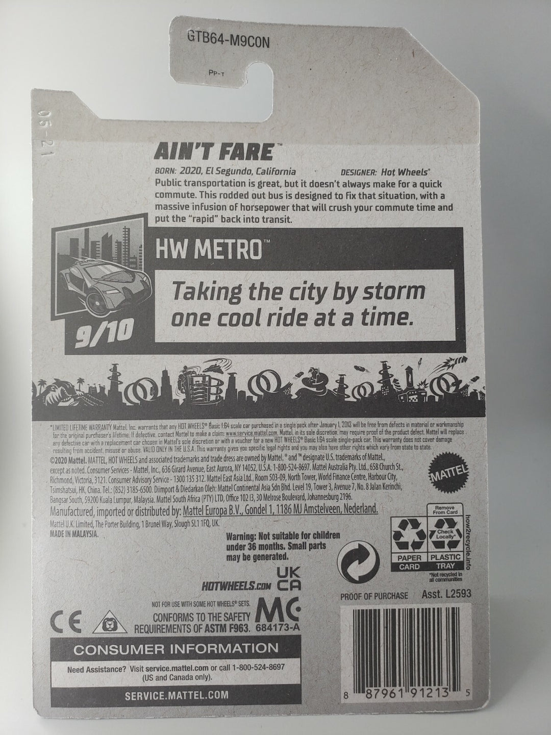 NEW 2021 Hot Wheels Ain't Fare Black Orange #155 155/250 HW Metro 9/10 Bus