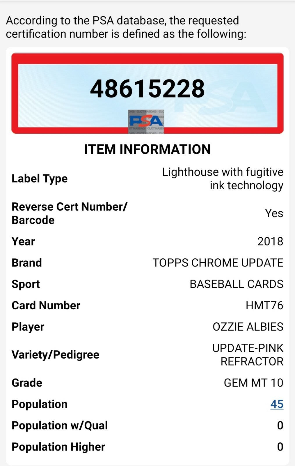 2018 Topps Chrome Update Ozzie Albies Rookie Pink Refractor #HMT76 PSA 10 MINT