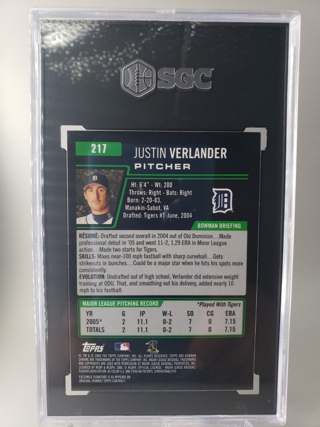 Justin Verlander 2006 Bowman Chrome RC Rookie #217 SGC 10 Astros, Tigers