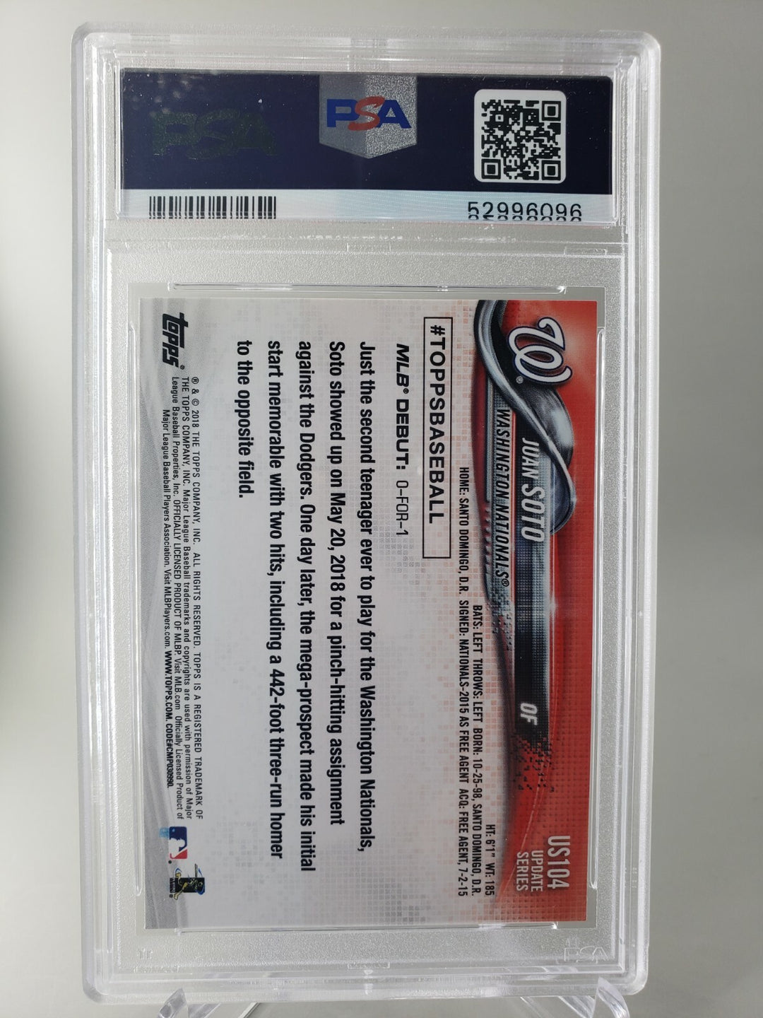 Juan Soto 2018 Topps Update  #US104 PSA 8 RC Rookie Debut Nationals