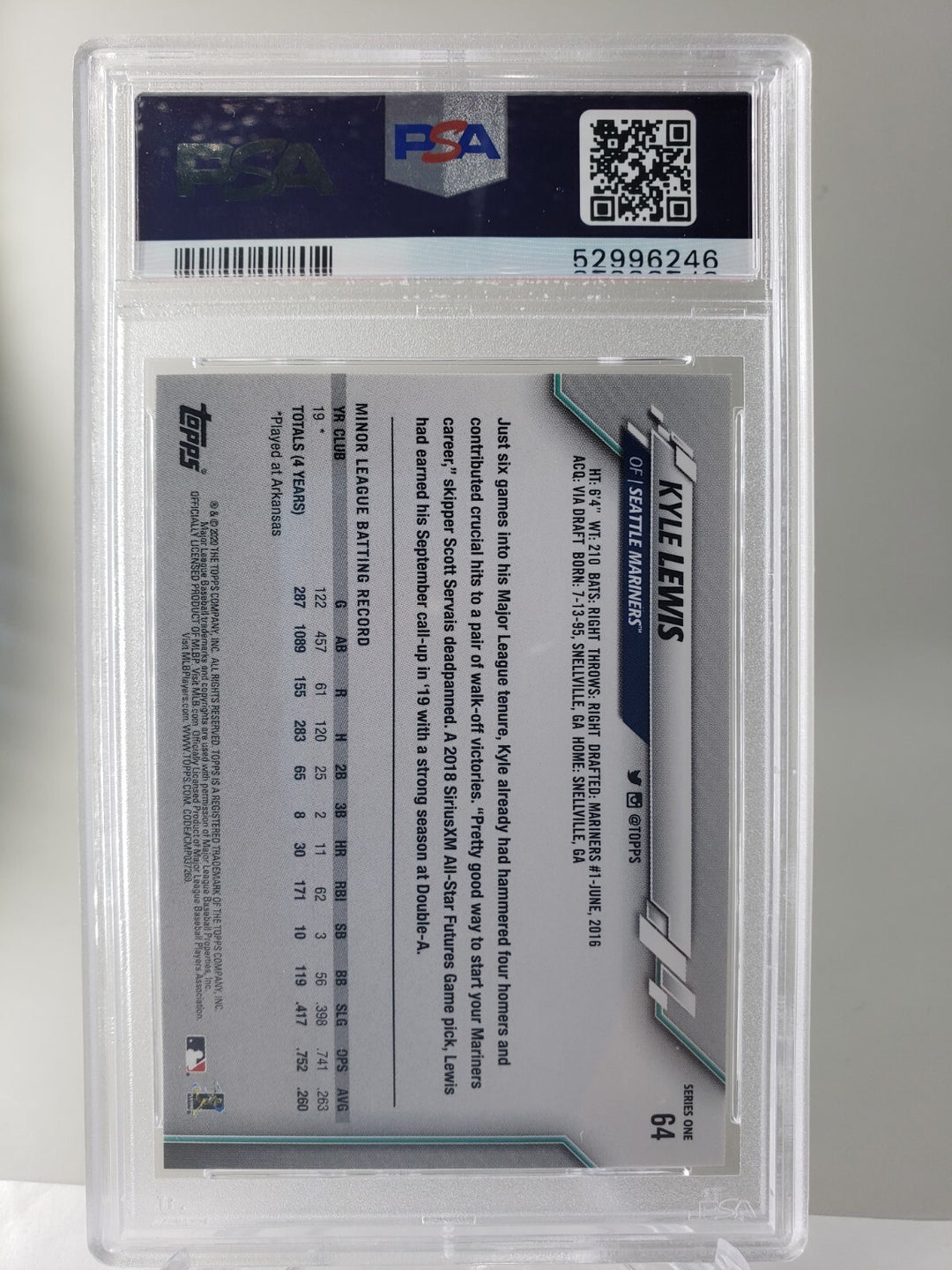 2020 Topps Kyle Lewis RC #64 PSA 10 Rookie Series One Seattle Mariners ROTY