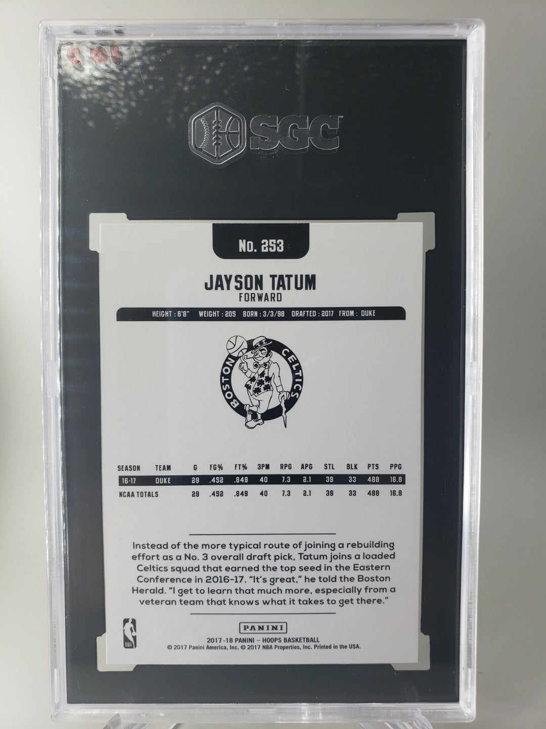 Jayson Tatum 2017-18 Panini Hoops #253 RC Rookie SGC 10 Boston Celtics Gem Mint