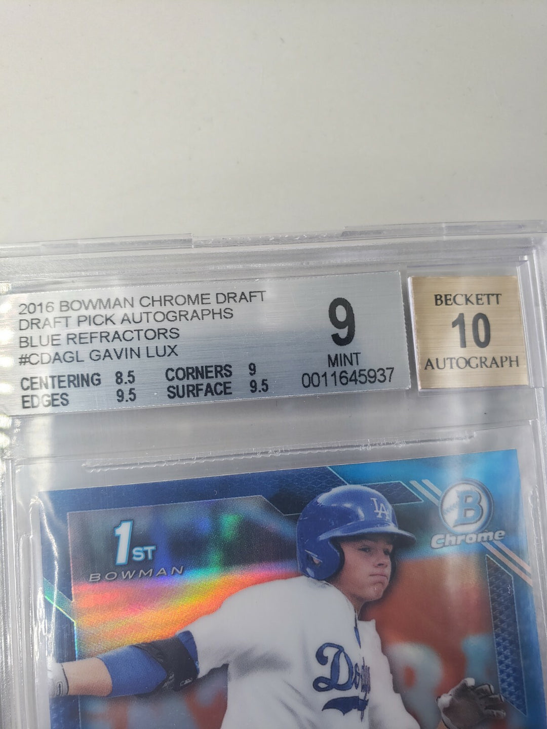 Gavin Lux 2016 Bowman Chrome Draft Blue Refractor /150 #CDAGL Auto 10 BGS 9