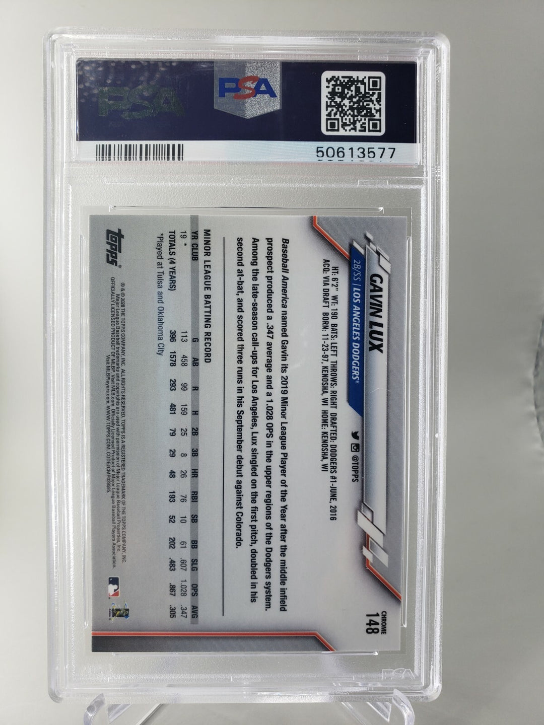 Gavin Lux 2020 Topps Chrome Rookie Card RC #148 PSA 10 Los Angeles Dodgers