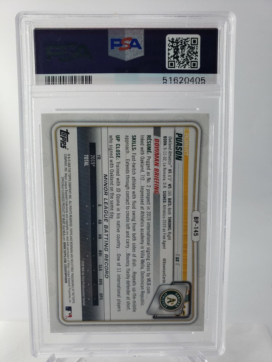 2020 1ST Bowman Paper Prospects Robert Puason Oakland RC Rookie PSA 10 GEM MINT
