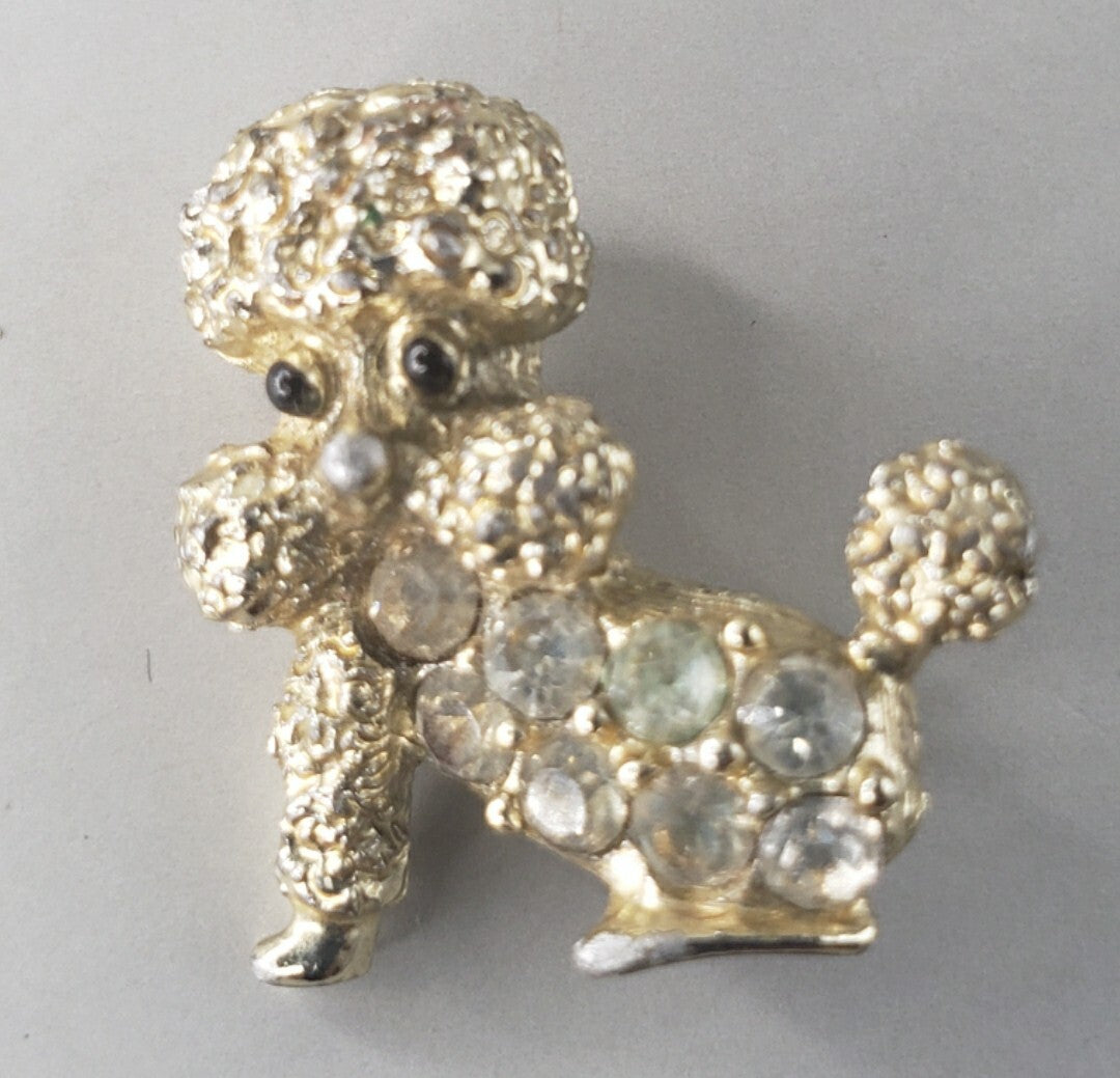 Vintage Nemo Teeny Tiny Poodle Puppy Rhinestone Brooch Pin Black Eyes Adorable!