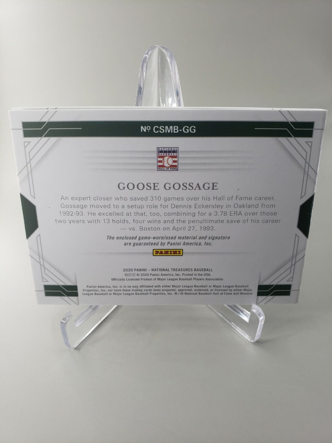 Goose Gossage 2020 National Treasures Cut Signature Material Auto /5 Oakland