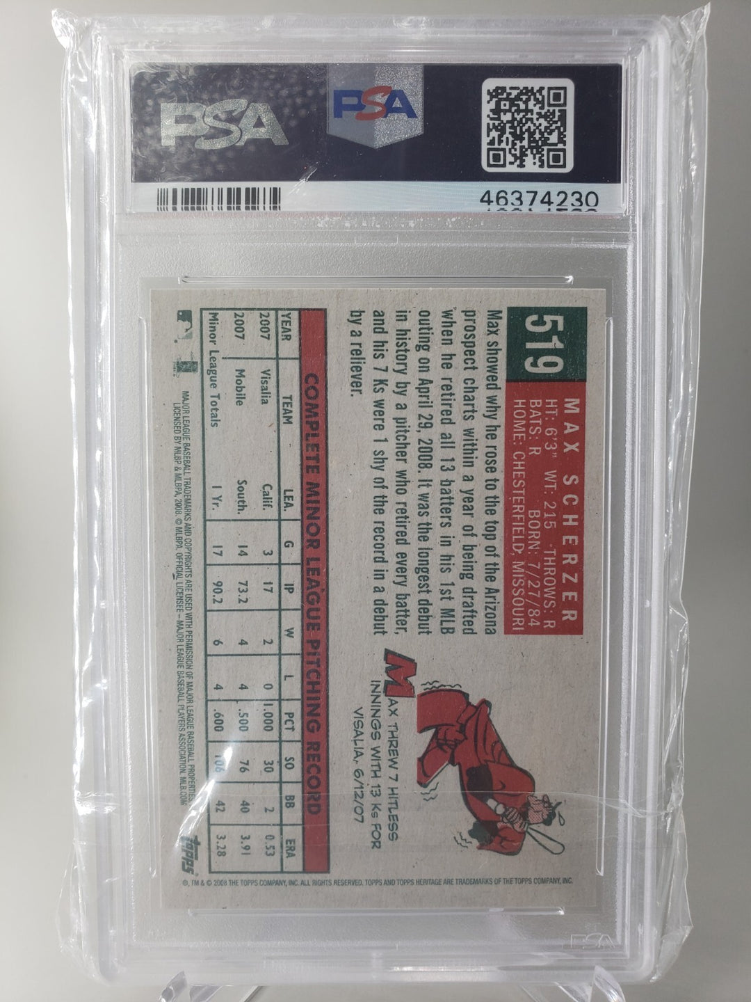 Max Scherzer 2008 Topps Heritage Rookie RC #519 PSA 9 Mint