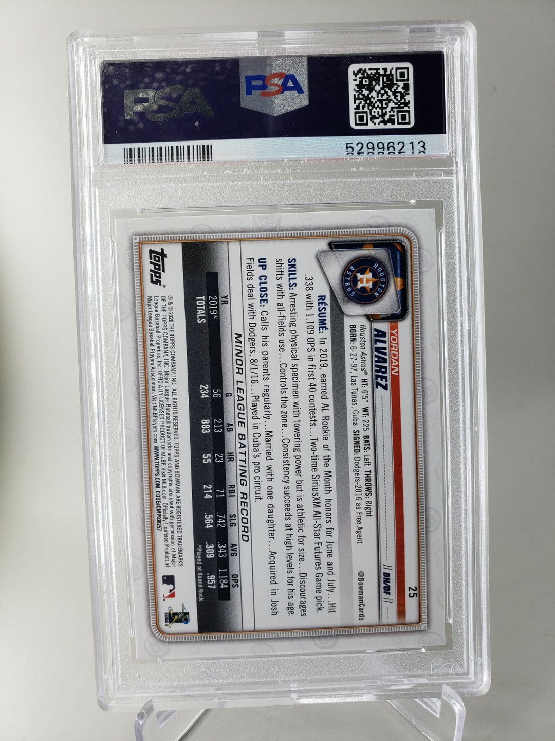 2020 Bowman #25 Yordan Alvarez Houston Astros RC Rookie PSA 9 MINT