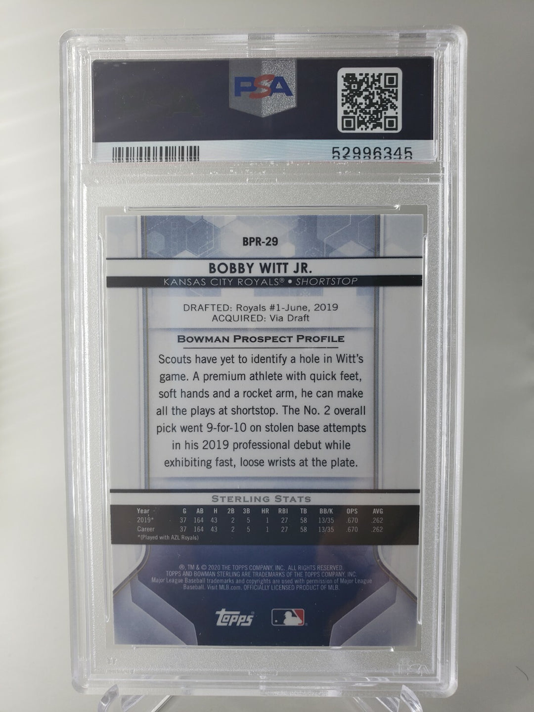 Bobby Witt Jr. 2020 Bowman Sterling PSA 9 Mint Kansas City Royals #BPR29