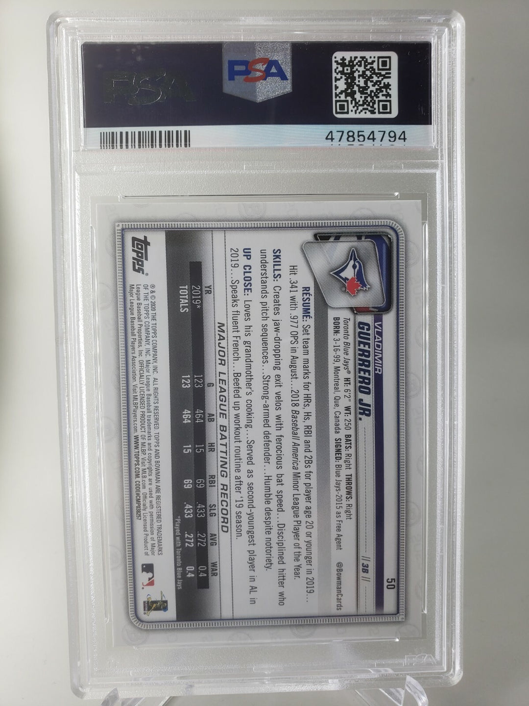 2020 Bowman Vladimir Guerrero Jr #50 PSA 9 Toronto Blue Jays MINT 