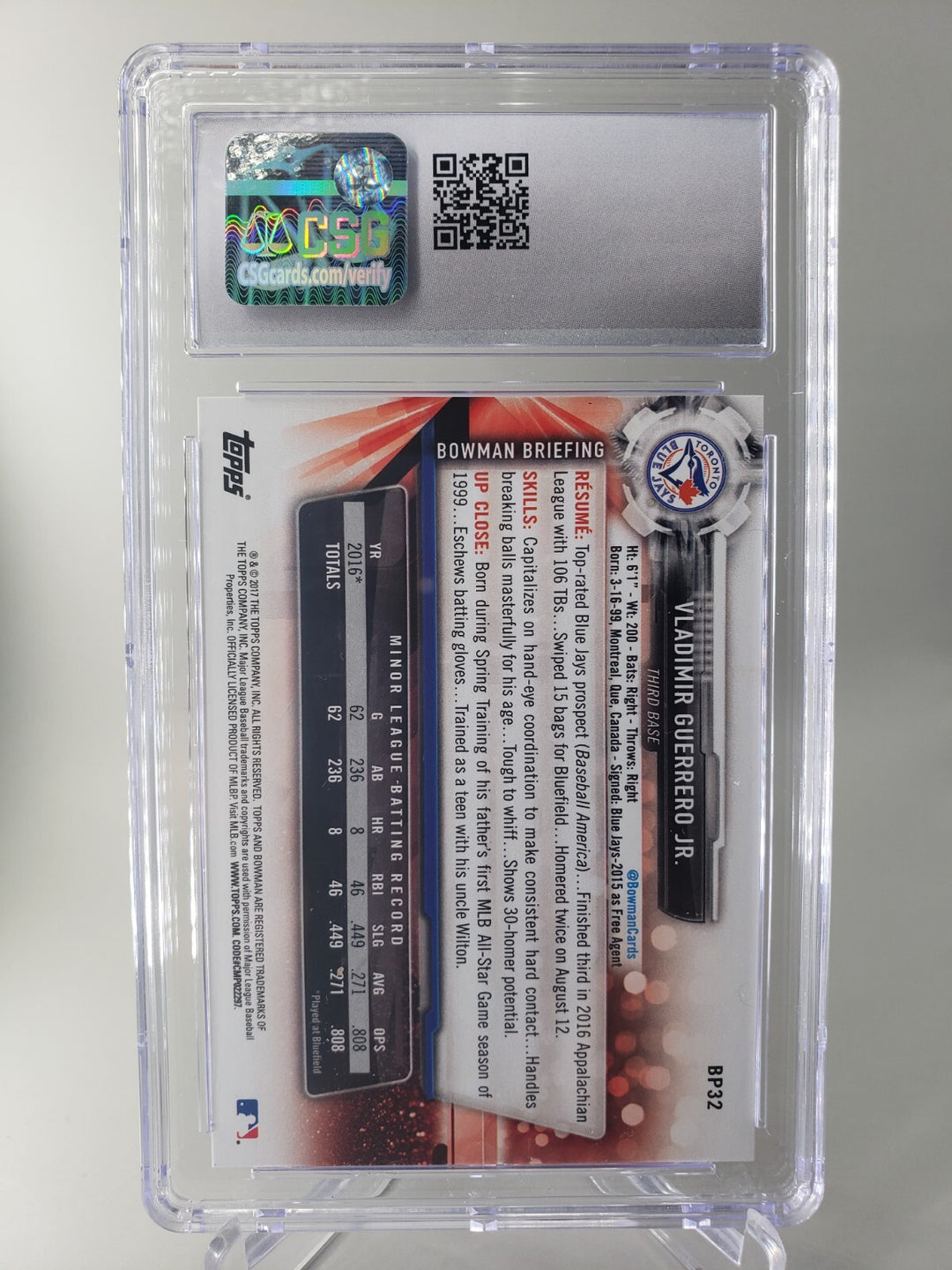 VLADIMIR GUERRERO JR. 2017 Bowman Prospects #BP32 CSG 10 GEM MINT