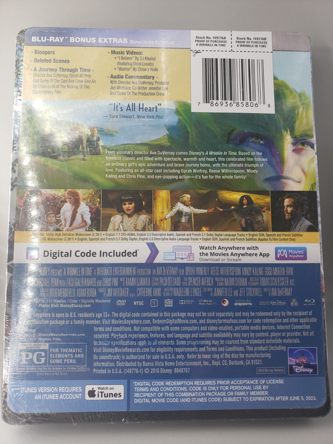 New Sealed Disney's A Wrinkle in Time(Blu-ray/DVD/Digital) Collectible Steelbook