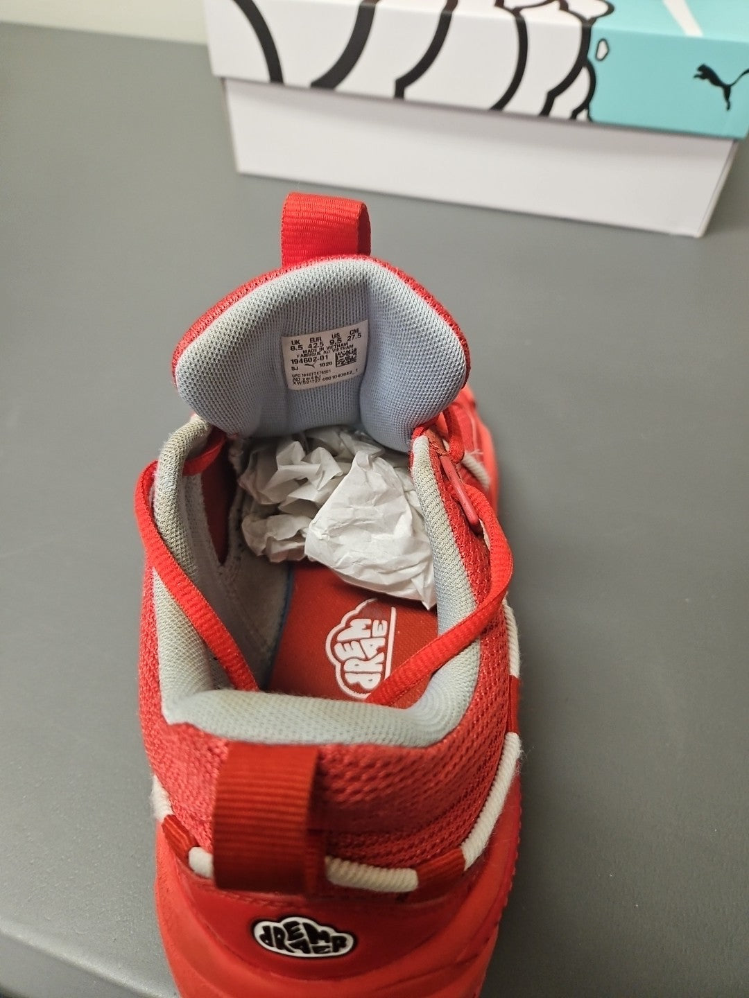 Size 9.5 M: Puma RS Dreamer J Cole Summer Hustle-Blood Sweat Tears-Fiery Red