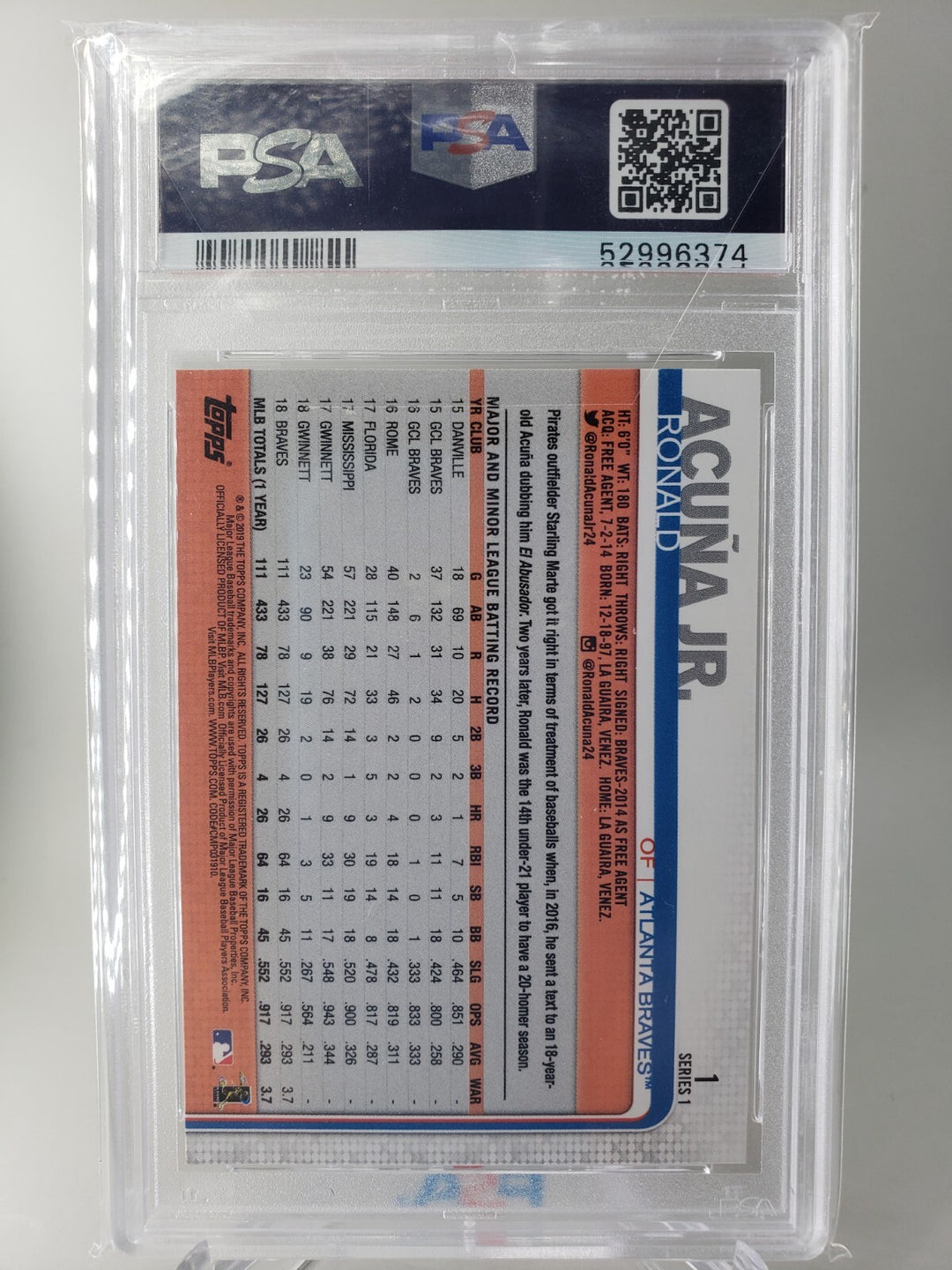 Ronald Acuna Jr. 2019 Topps #1 Series 1 Gold Cup Batting PSA 10 Atlanta Braves