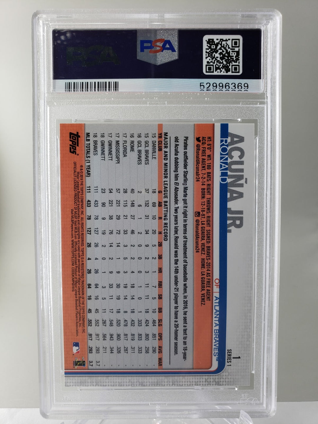 Ronald Acuña Jr. 2019 Topps Series 1 Batting PSA 9 #1 Atlanta Braves Second Year