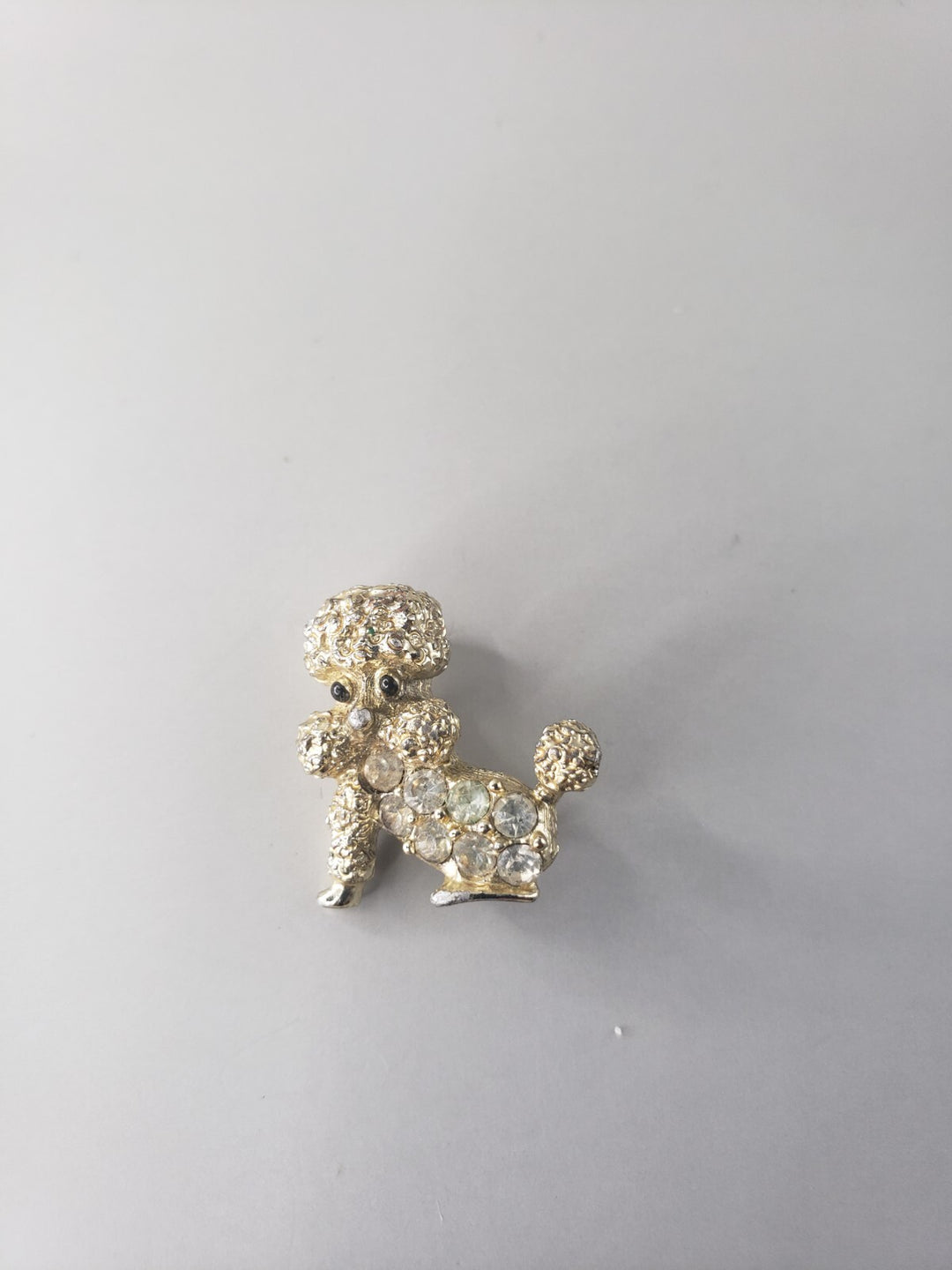 Vintage Nemo Teeny Tiny Poodle Puppy Rhinestone Brooch Pin Black Eyes Adorable!