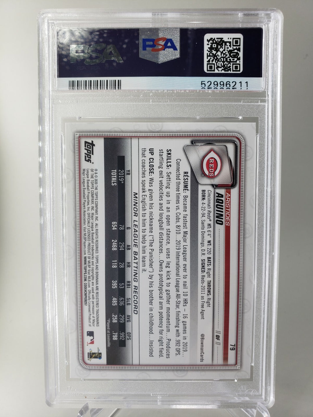 2020 Bowman Aristides Aquino #79 ROOKIE PSA 9 Cincinnati Reds Mint 
