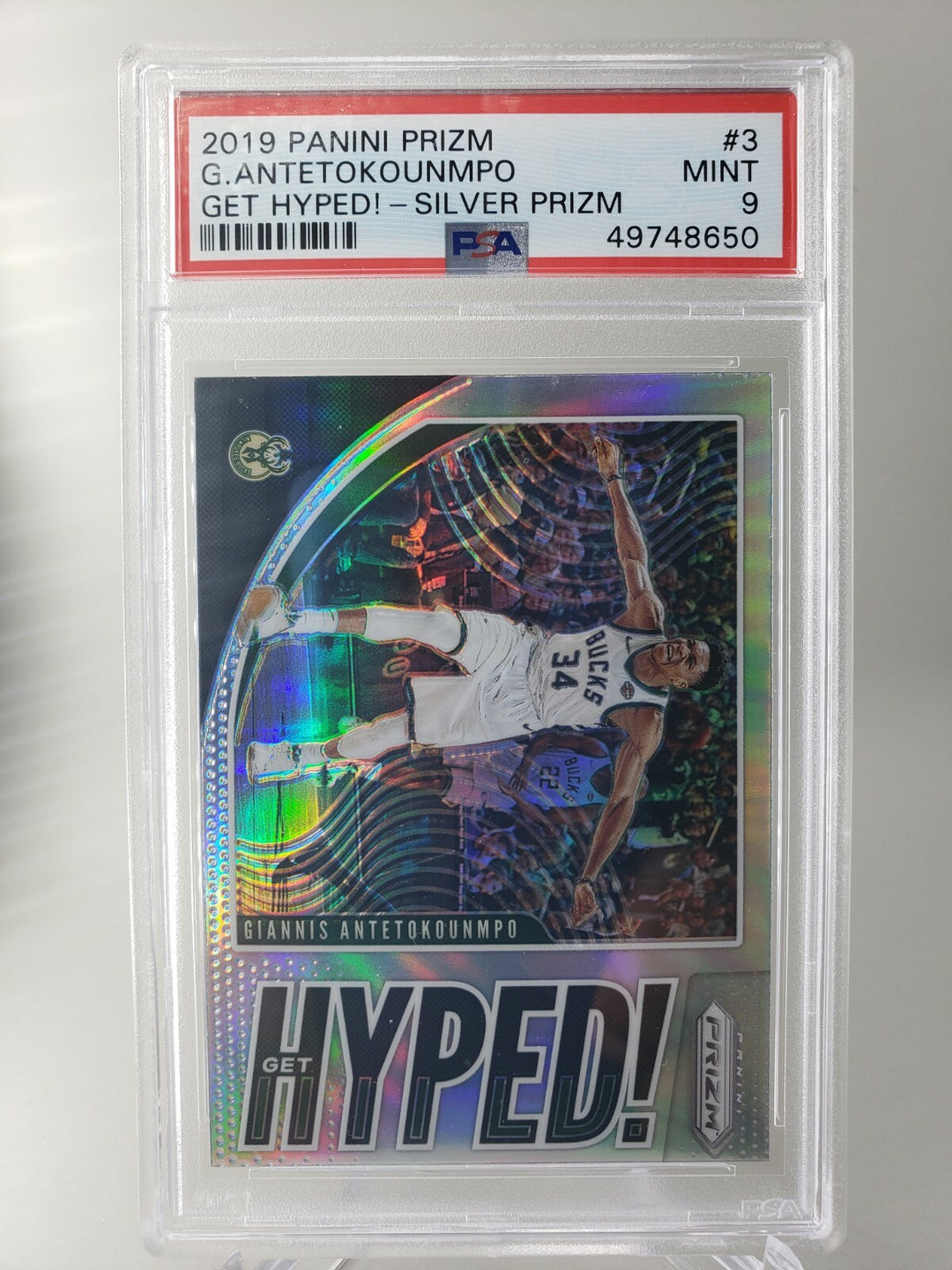 2019 Panini Prizm Giannis Antetokounmpo Get Hyped! Silver #3 PSA 9 MINT POP 92