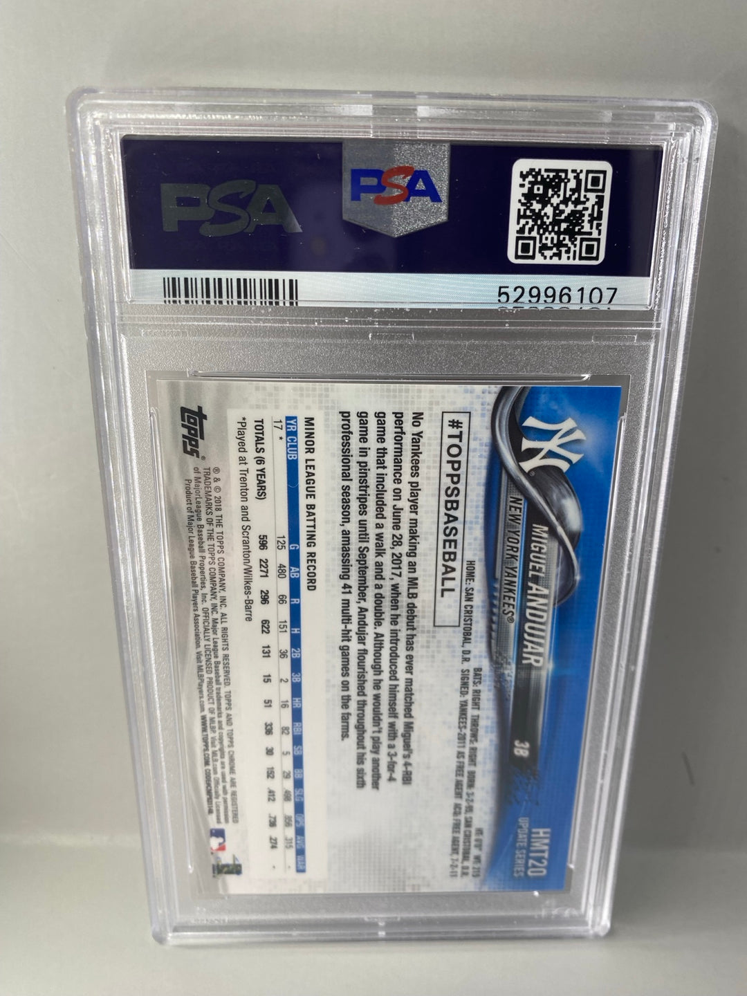 2018 Topps Chrome Update HMT20 Miguel Andujar Pink Refractor rookie PSA 9 back