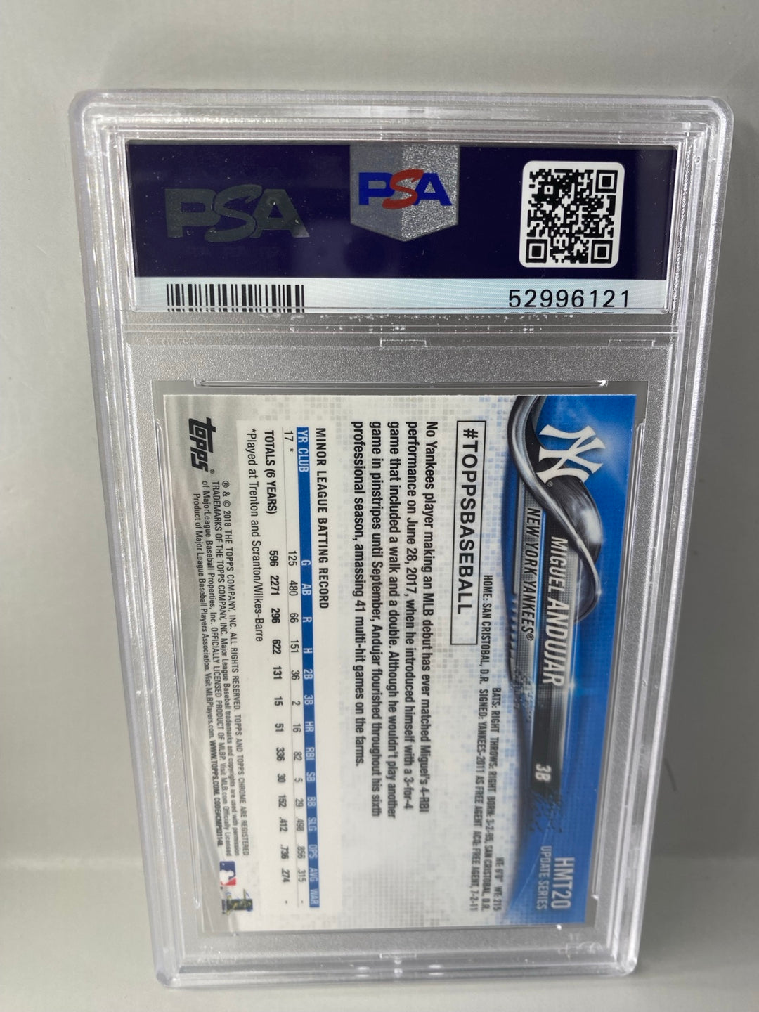 2018 Topps Chrome Update HMT20 Miguel Andujar PSA 9 back